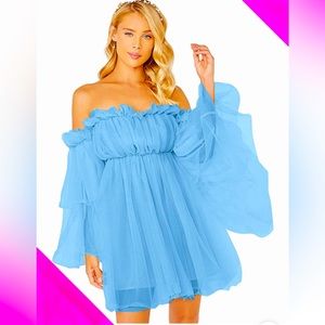 NWT 💖 Off Shoulder Flounce Long Sleeve Wedding Ruffle Mesh Party Mini Dress XS